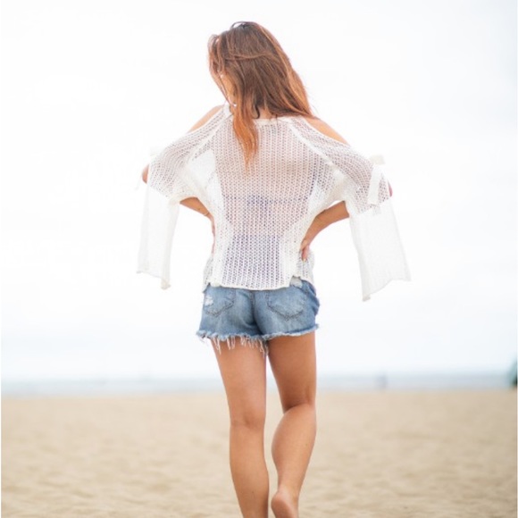 Crochet Knit Cold Shoulder Top Swimsuit Coverup Hollow Out Knit Loose Shirt - Picture 4 of 7